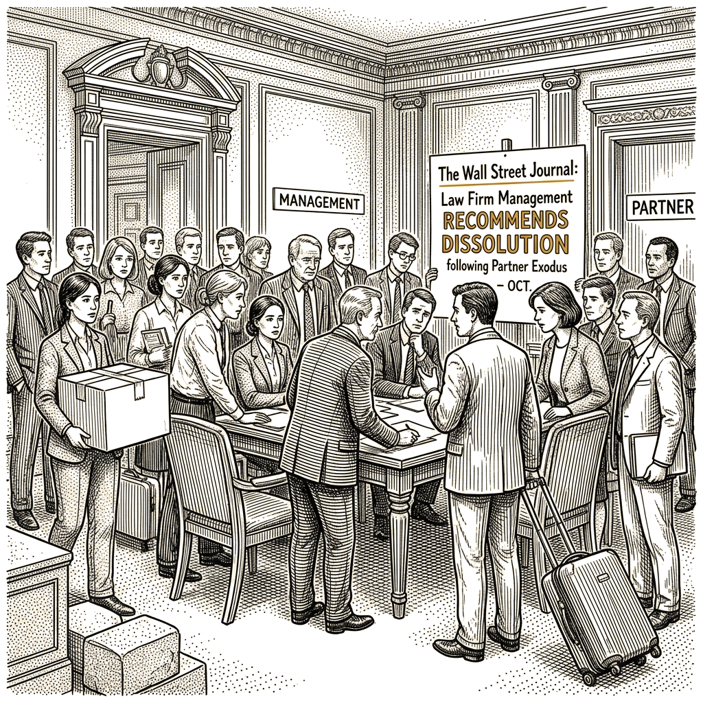 Illustration accompanying article: Law firm management recommends dissolution after partner exodus