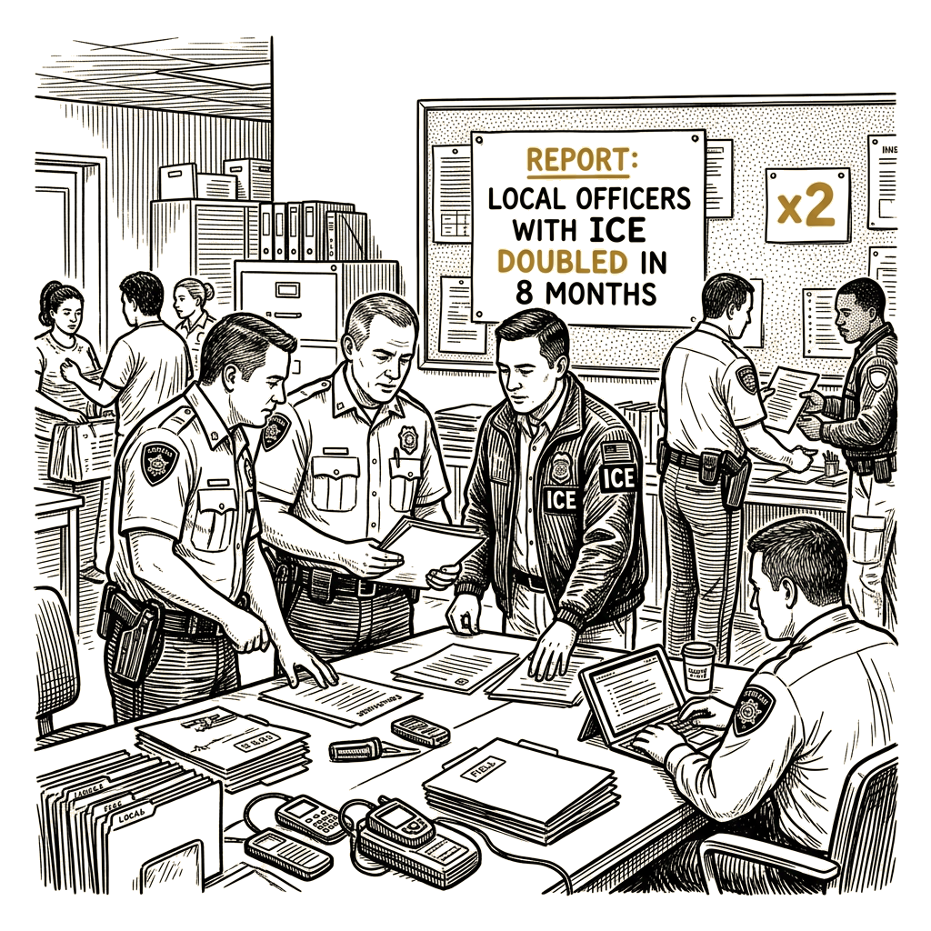 Illustration accompanying article: Local officers working with ICE have doubled in eight months