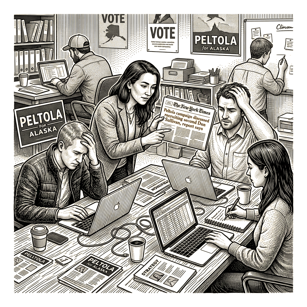 Illustration accompanying article: Peltola campaign discussed recruiting second Dan Sullivan, report says