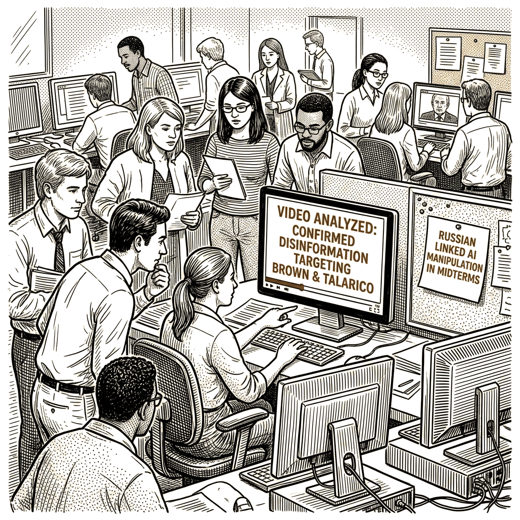 Illustration accompanying article: Researchers find signs of AI video disinformation targeting Brown and Talarico