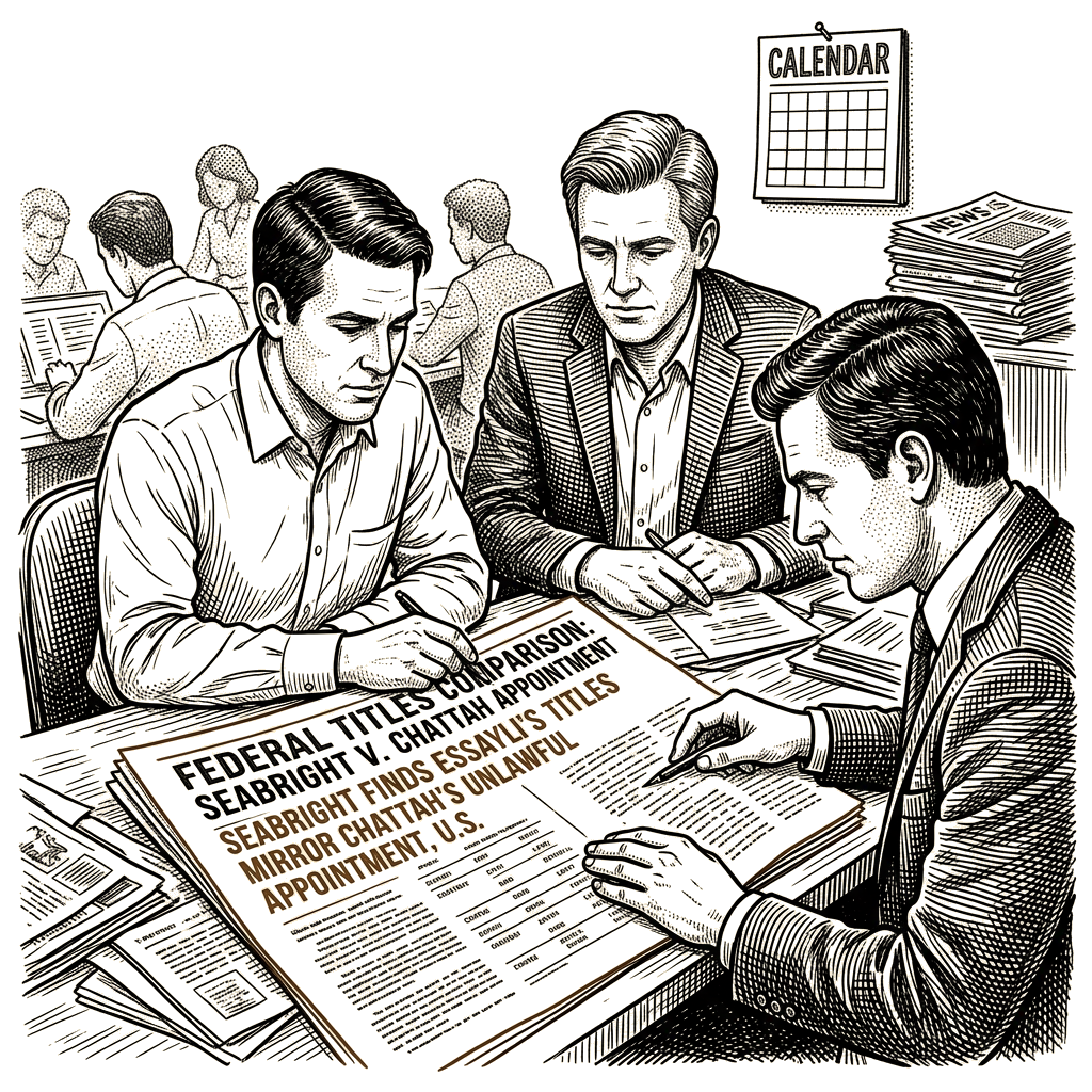 Illustration accompanying article: Seabright finds Essayli's federal titles mirror Chattah's unlawful appointment
