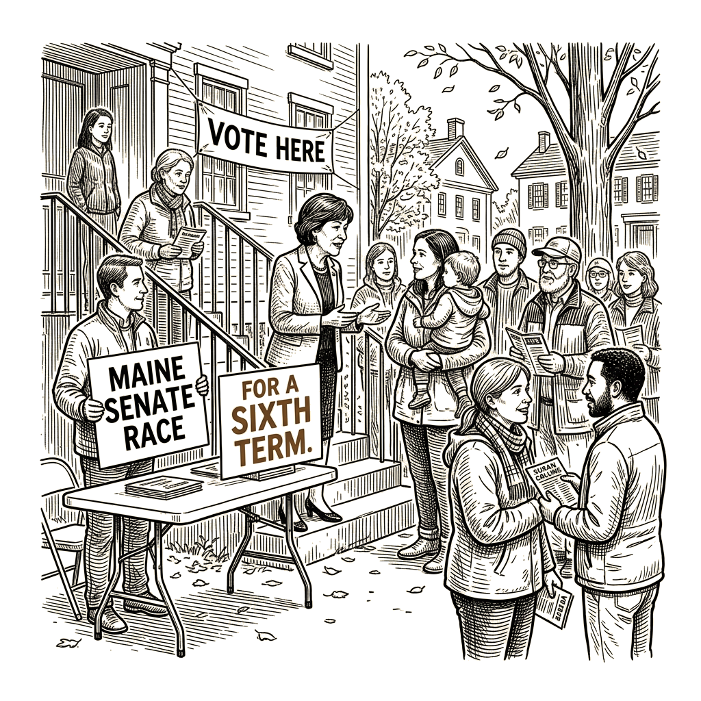 Illustration accompanying article: Susan Collins seeks sixth term in tight, polarized Maine Senate race