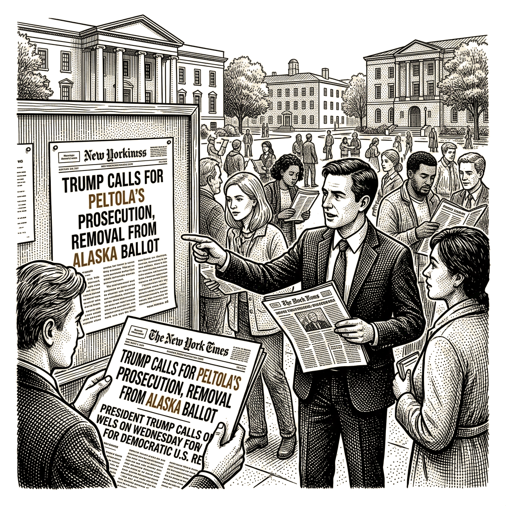Illustration accompanying article: Trump calls for Peltola's prosecution and removal from the Alaska ballot