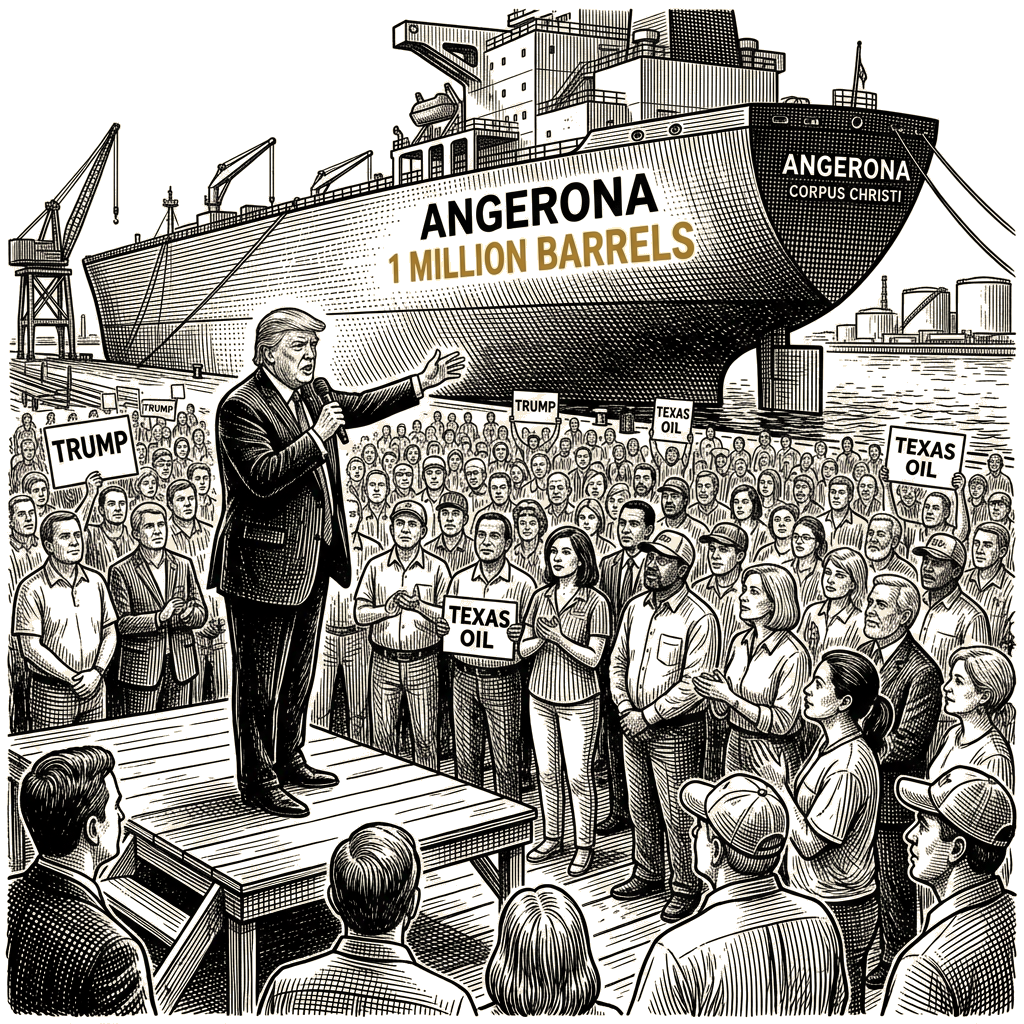 Illustration accompanying article: Trump stages Corpus Christi rally with tanker he said carried a million barrels