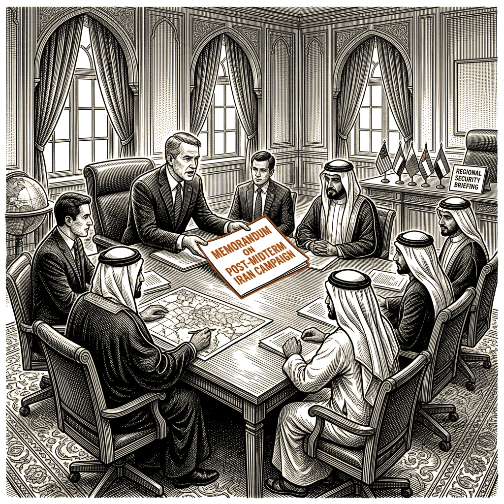 Illustration accompanying article: U.S. briefs Gulf states on possible post-midterm Iran campaign