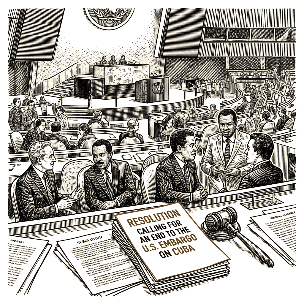 Illustration accompanying article: United Nations General Assembly approves Cuba resolution on U.S. embargo