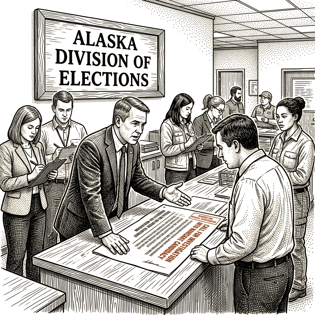 Illustration accompanying article: Alaska Republican governor calls for investigation into namesake filing