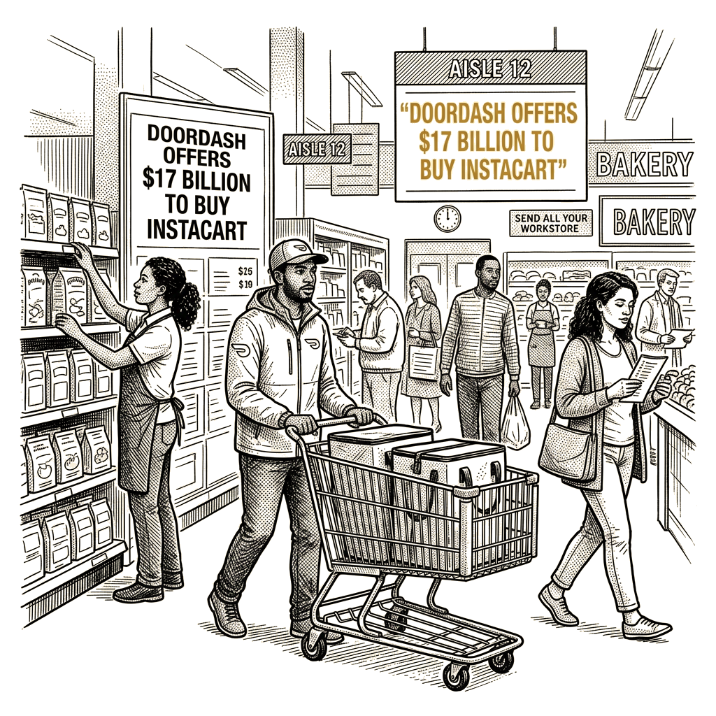 Illustration accompanying article: DoorDash offers $17 billion to buy Instacart