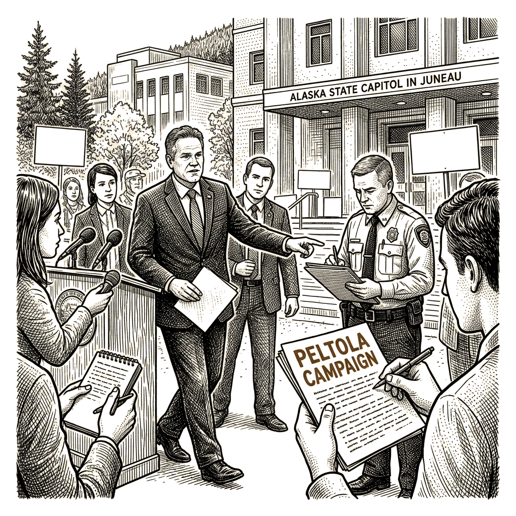 Illustration accompanying article: Dunleavy orders probe into Peltola campaign over Sullivan namesake