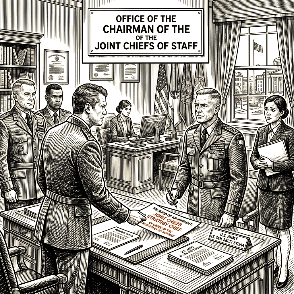 Illustration accompanying article: Hegseth fires Brett Sylvia as Joint Chiefs strategy chief