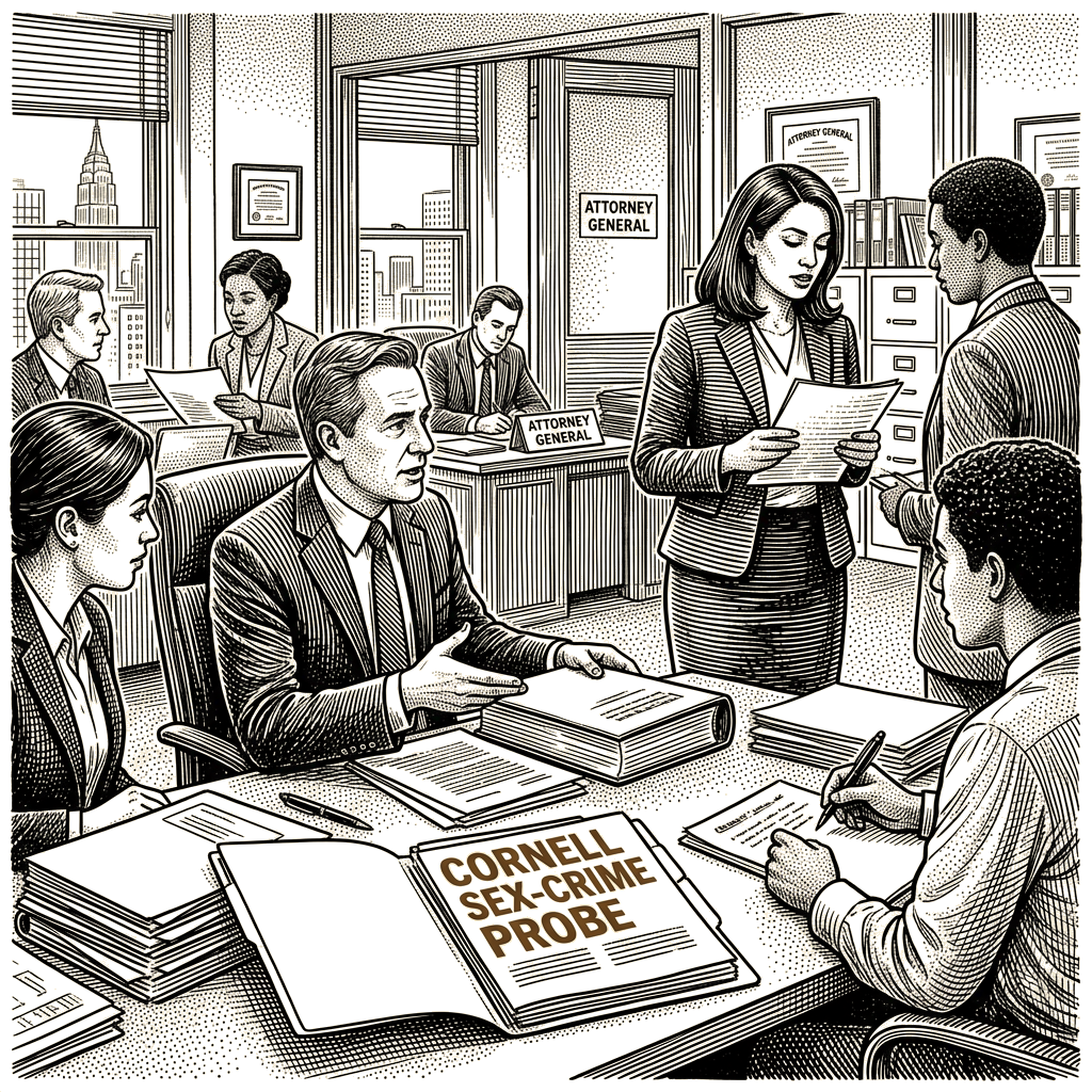 Illustration accompanying article: James's office seeks outside counsel for Cornell sex-crime probe