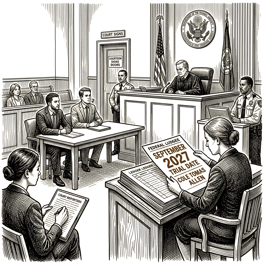 Illustration accompanying article: Judge sets September 2027 trial for White House dinner attack defendant