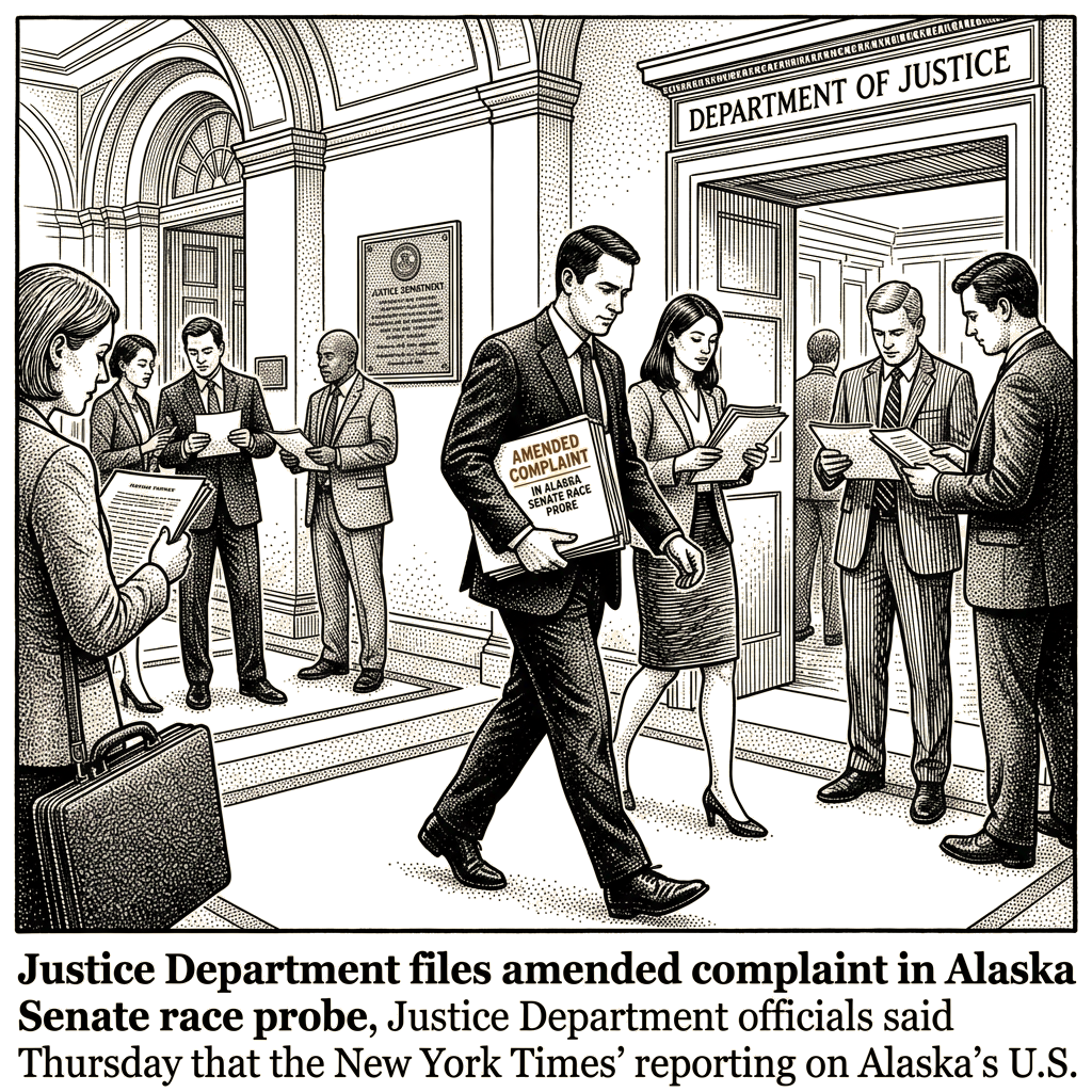 Illustration accompanying article: Justice Department files amended complaint in Alaska Senate race probe