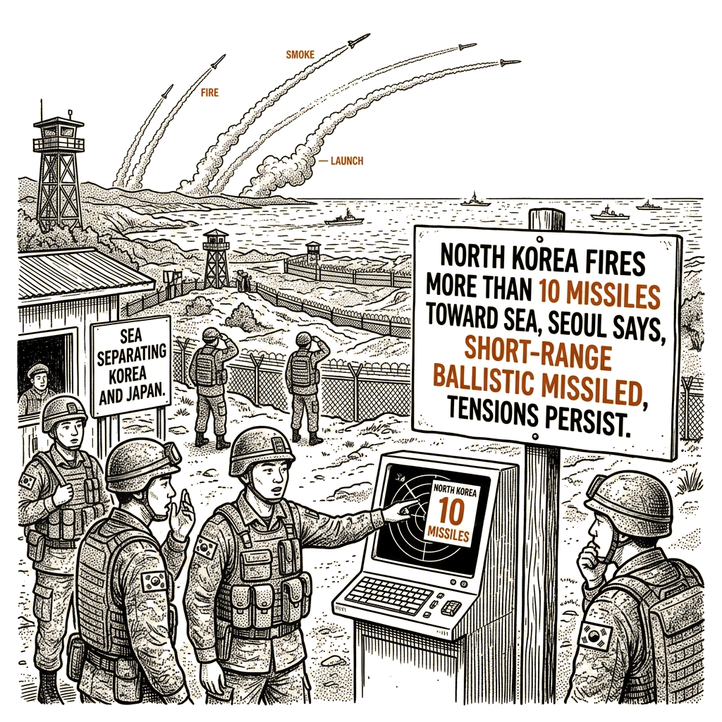 Illustration accompanying article: North Korea fires more than 10 missiles toward sea, Seoul says