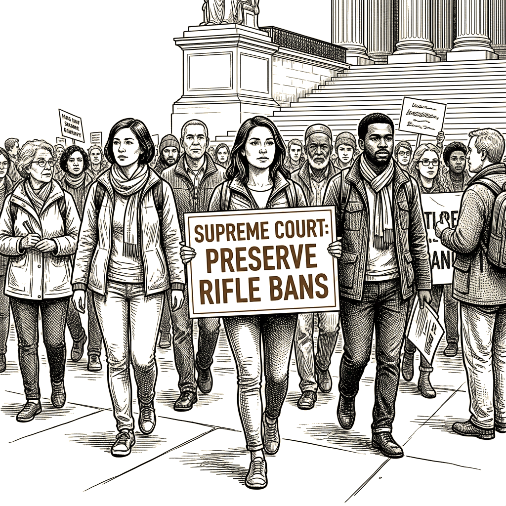Illustration accompanying article: Relatives of Sandy Hook victims ask Supreme Court to preserve rifle bans