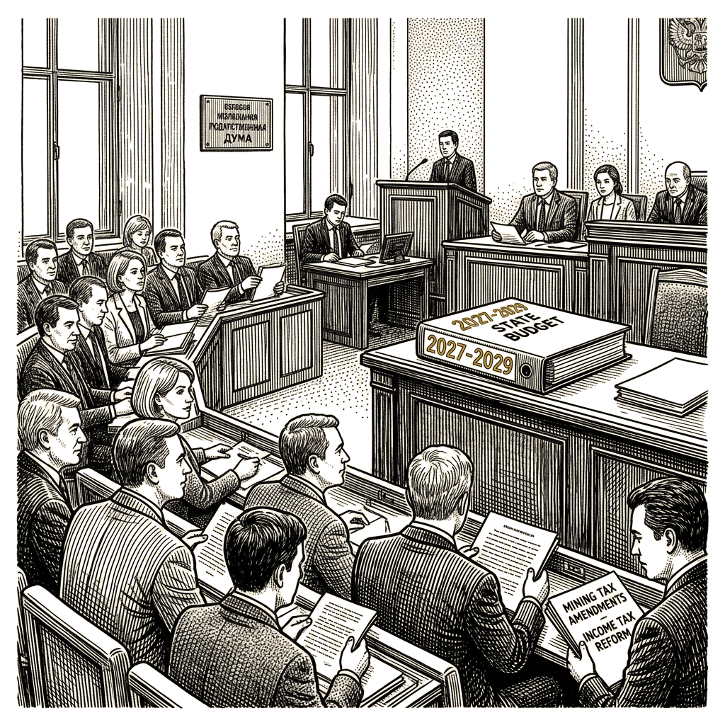 Illustration accompanying article: Russia proposes tax hikes on mining firms, investors as war strains budget