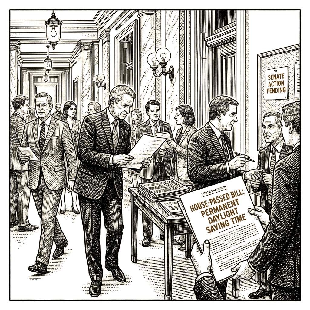 Illustration accompanying article: Senate resists Trump push for permanent daylight saving time