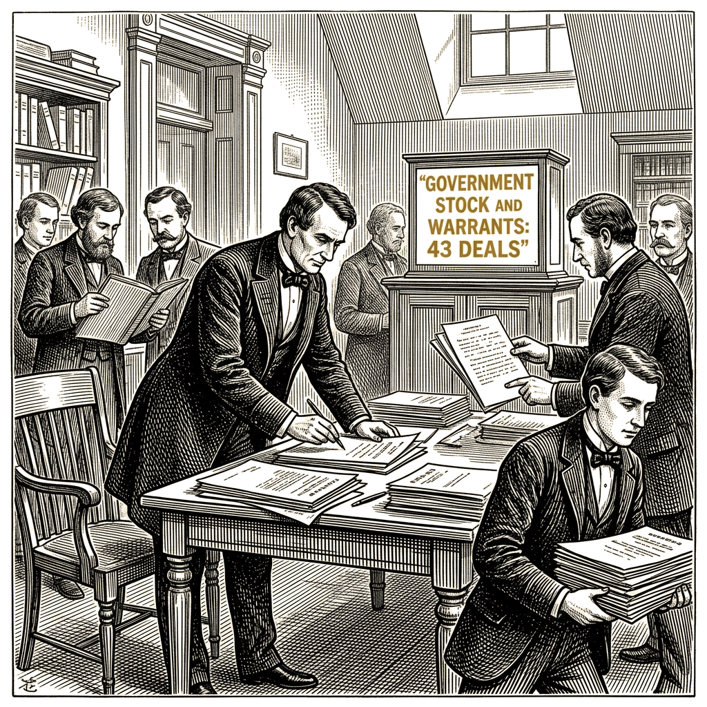 Illustration accompanying article: Trump administration announces 43 deals involving government stock and warrants