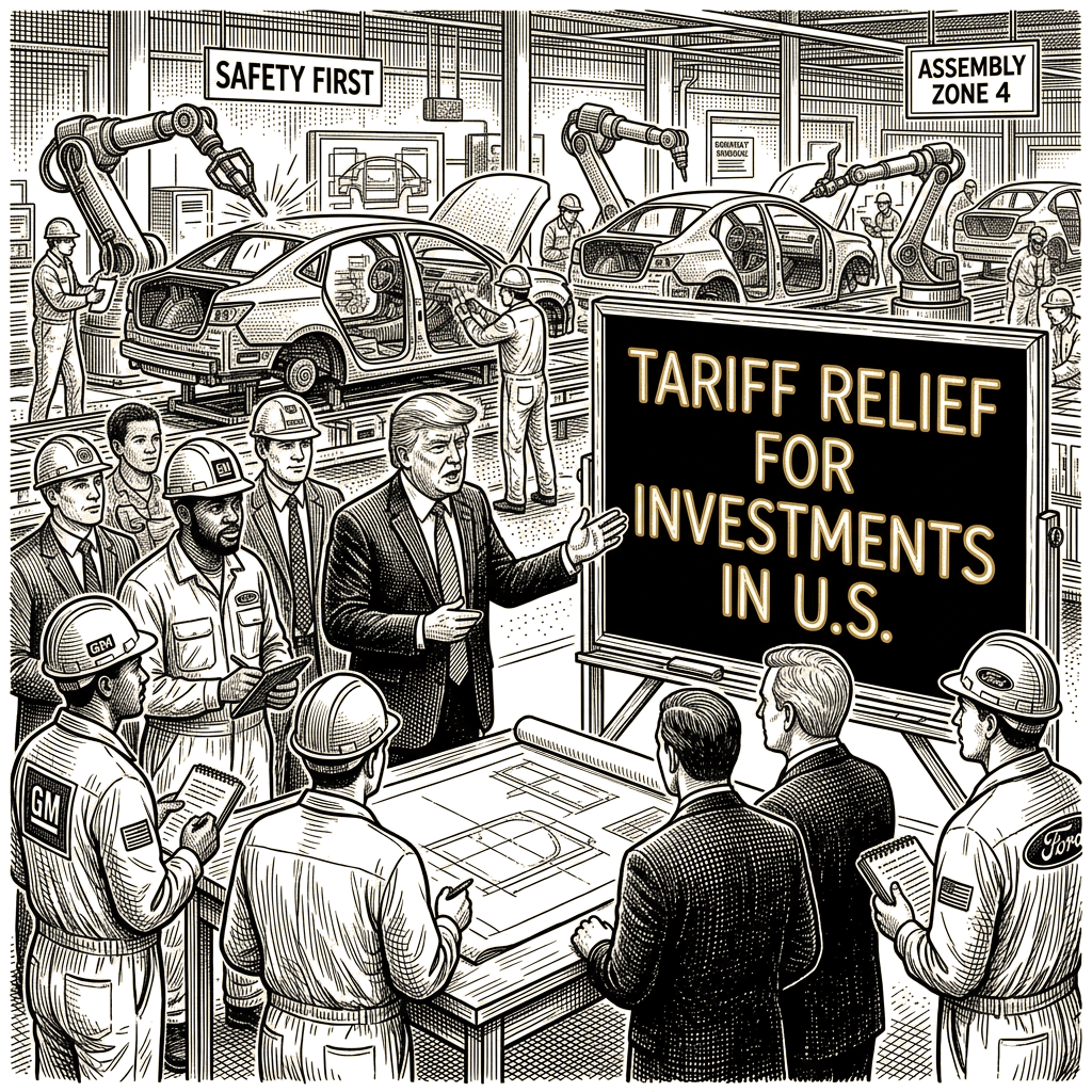 Illustration accompanying article: Trump administration promises tariff relief to automakers investing in U.S.
