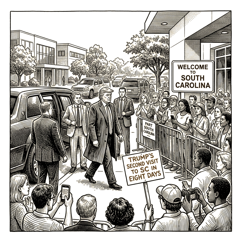 Illustration accompanying article: Trump makes second visit to South Carolina in eight days