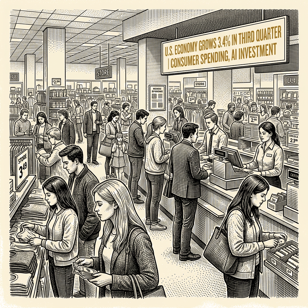Illustration accompanying article: US economy grows 3.4% in third quarter on consumer spending, AI investment