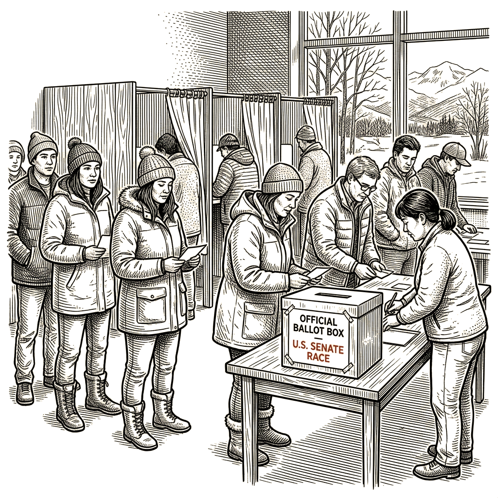 Illustration accompanying article: Alaska voters decide Senate race shadowed by DOJ probe