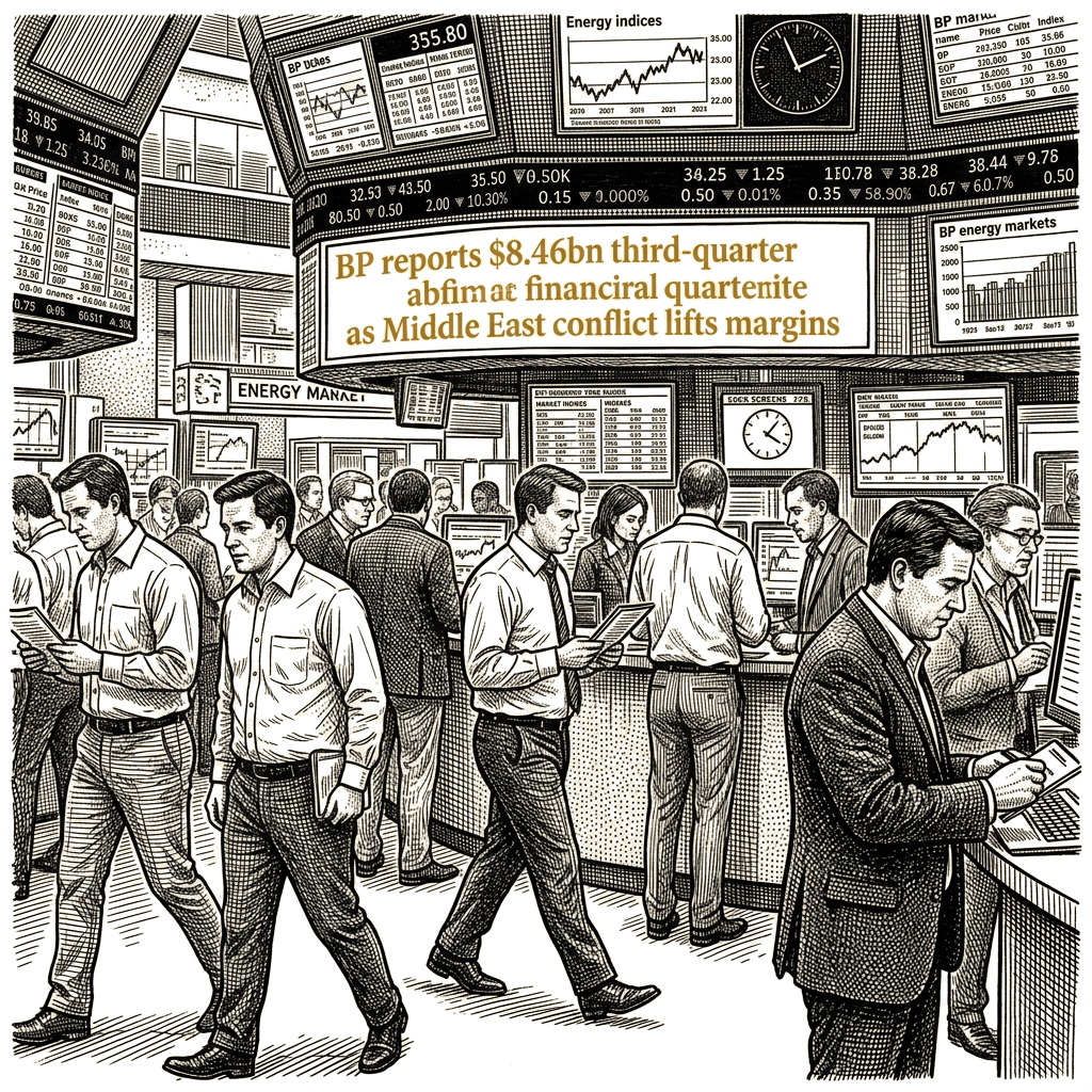 Illustration accompanying article: BP reports $8.46bn third-quarter profit as Middle East conflict lifts margins