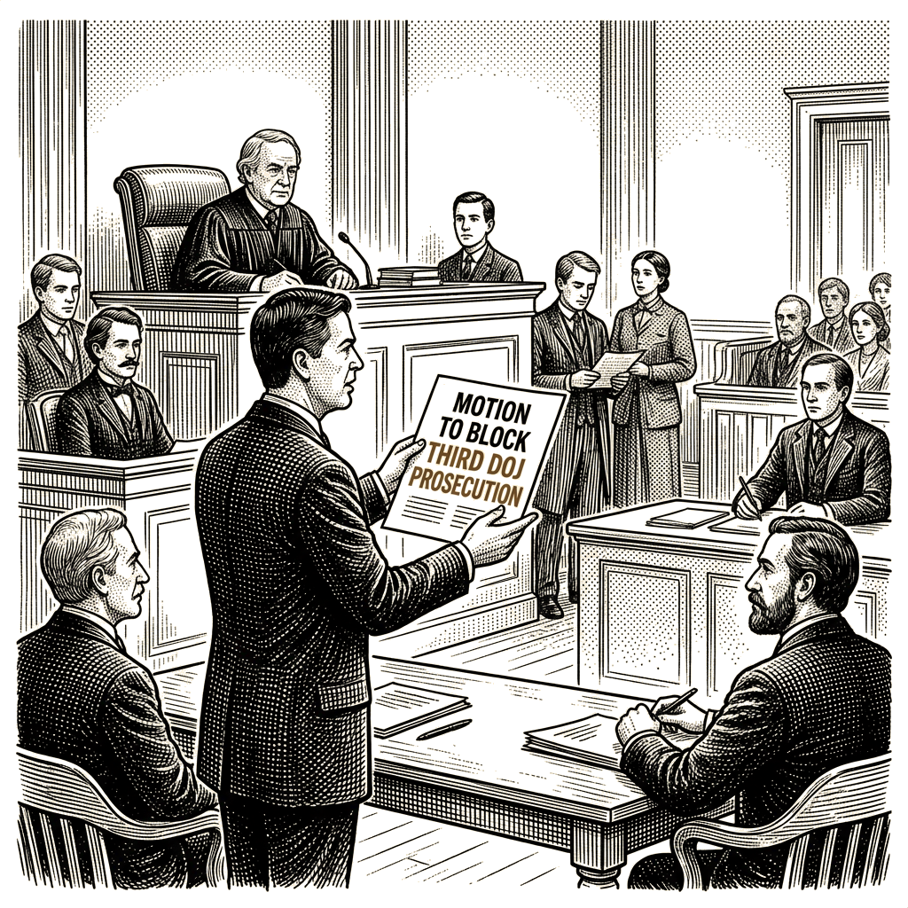 Illustration accompanying article: Comey's lawyers ask judge to block third DOJ prosecution