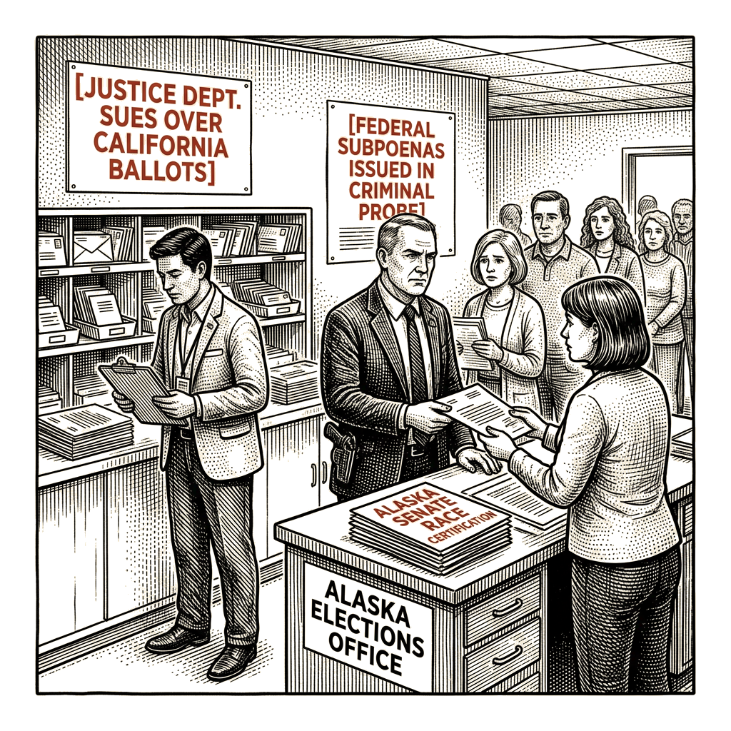 Illustration accompanying article: DOJ escalates ballot fights with states ahead of Tuesday's midterms