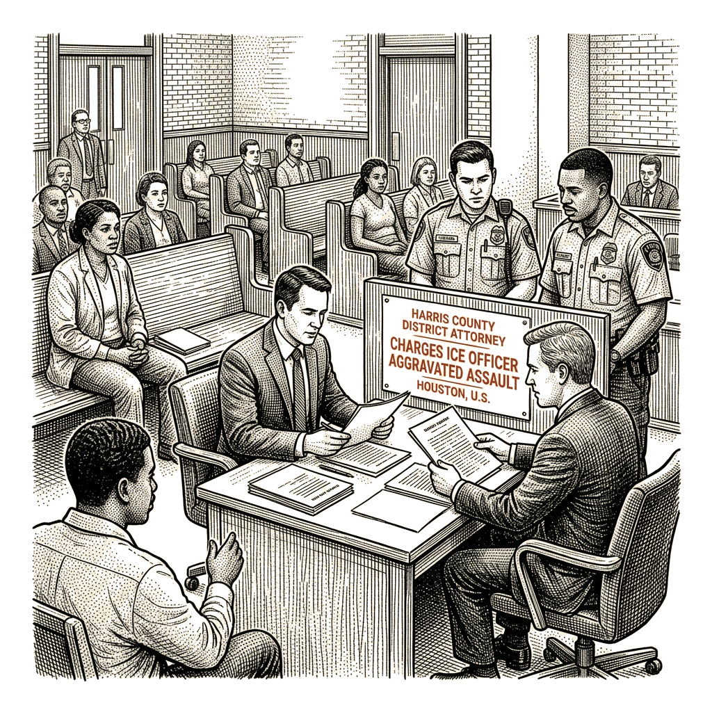 Illustration accompanying article: Harris County DA charges ICE officer with aggravated assault in Houston