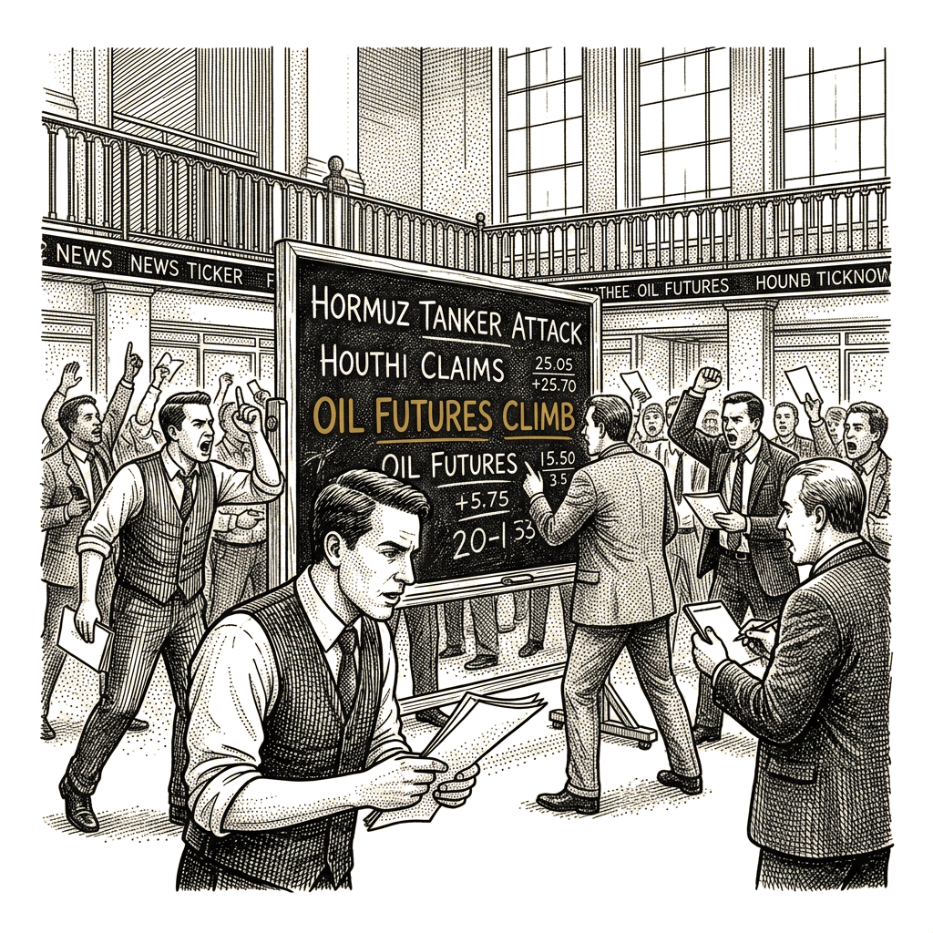 Illustration accompanying article: Oil futures climb after Hormuz tanker attack and Houthi claims