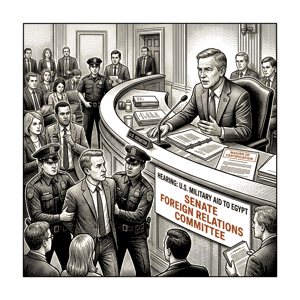 Illustration accompanying article: Senator links Egypt journalist arrests to US military aid waiver