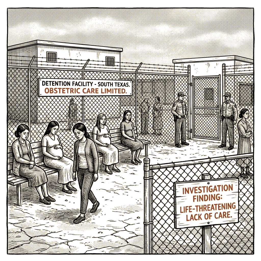 Illustration accompanying article: Trump administration still detains pregnant migrant minors in South Texas