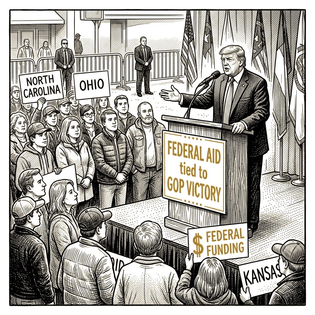 Illustration accompanying article: Trump conditions federal aid on GOP midterm victories