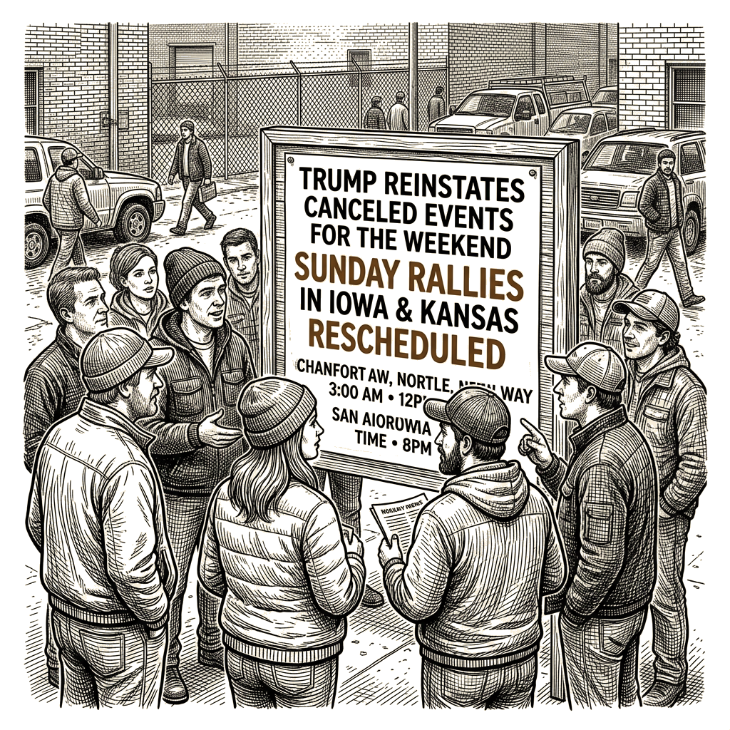 Illustration accompanying article: Trump reinstates Iowa and Kansas rallies for Sunday after cancellations
