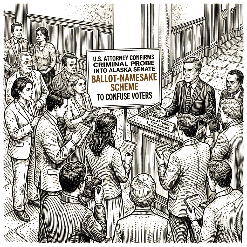 Illustration accompanying article: U.S. attorney confirms criminal probe into Alaska Senate ballot-namesake scheme