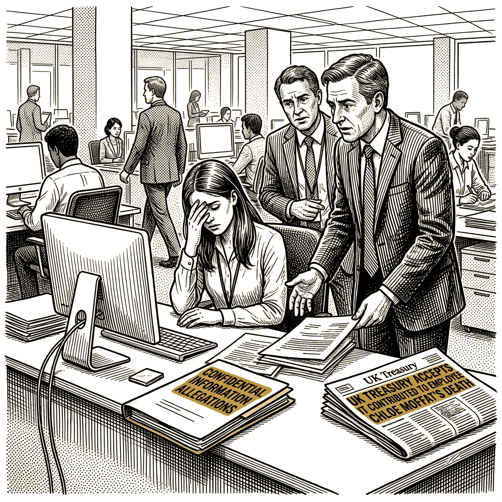 Illustration accompanying article: UK Treasury accepts it contributed to employee Chloe Moffat's death