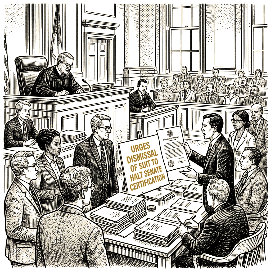 Illustration accompanying article: Alaska urges federal judge to dismiss suit to halt Senate certification