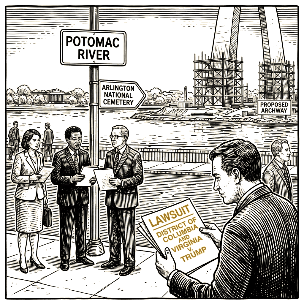 Illustration accompanying article: D.C. and Virginia sue to block Trump's 250-foot arch near Arlington Cemetery
