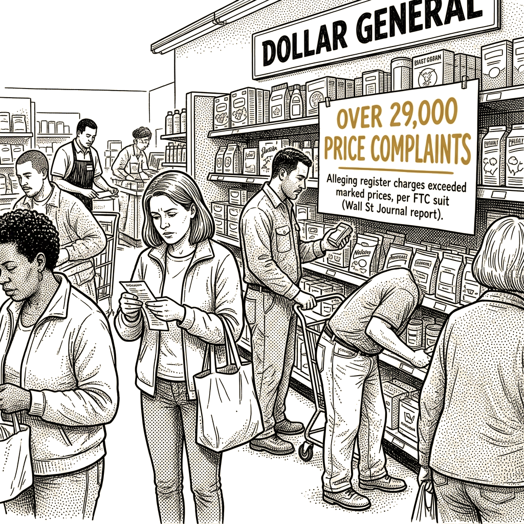Illustration accompanying article: Dollar General drew over 29,000 price complaints across 48 states, FTC suit says