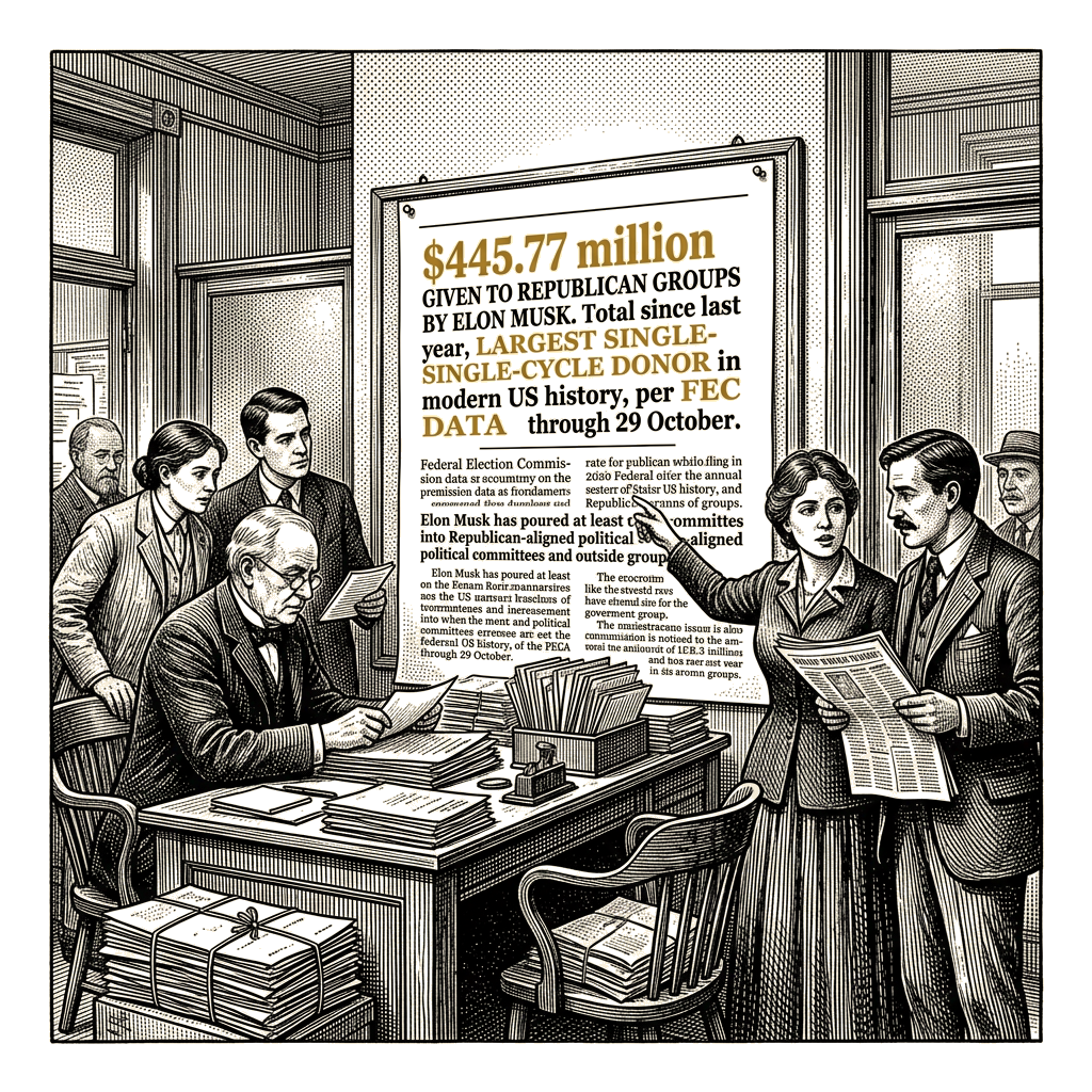 Illustration accompanying article: Elon Musk's midterm giving to Republican groups reaches $445.77 million