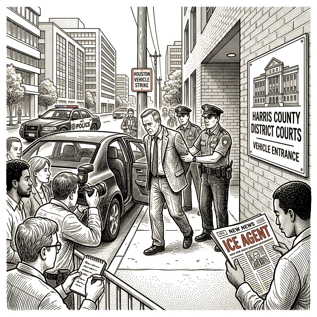 Illustration accompanying article: Indicted ICE agent in Houston vehicle strike will turn himself in Monday