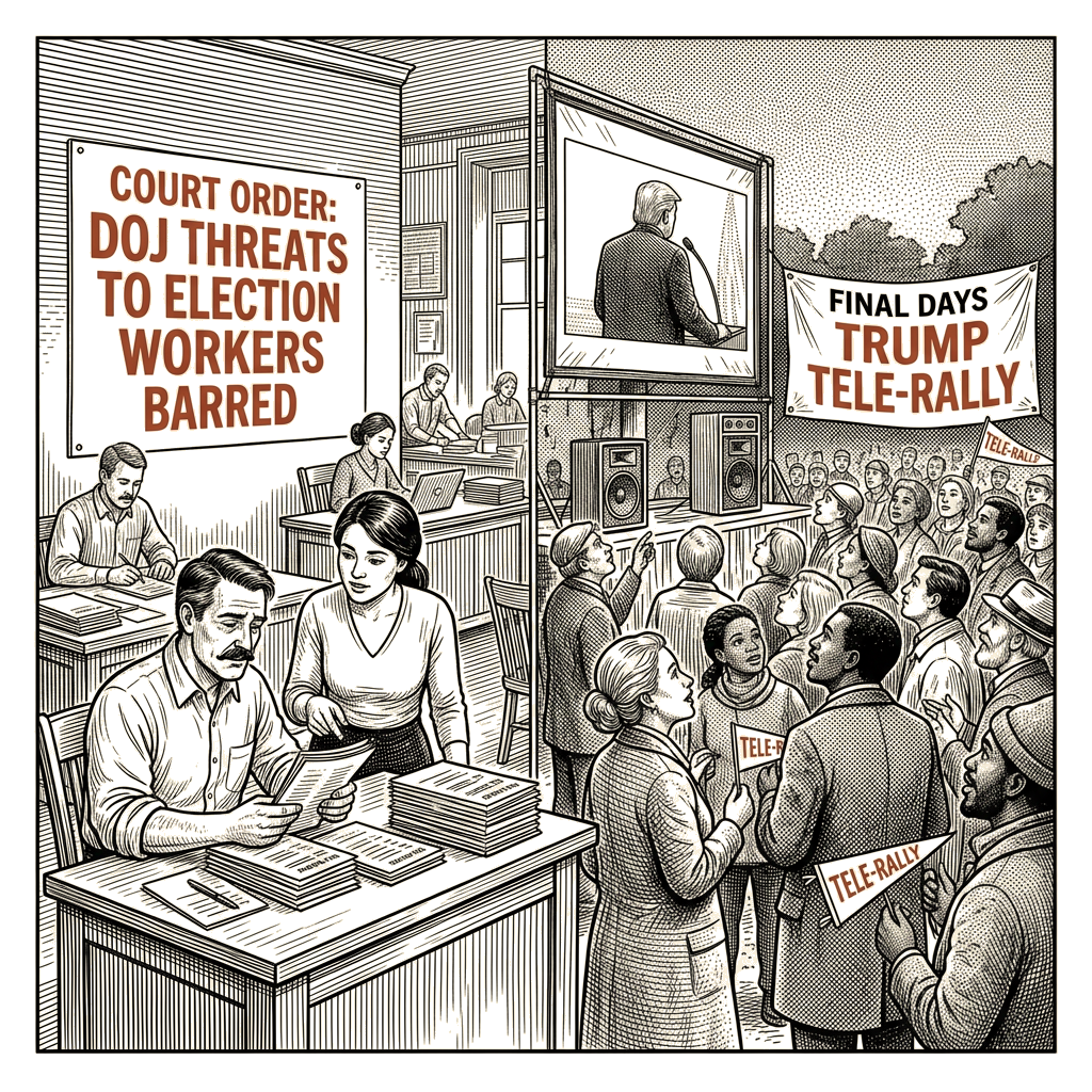 Illustration accompanying article: Judge bars DoJ from threats to election workers before midterms