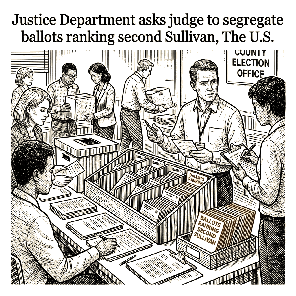 Illustration accompanying article: Justice Department asks judge to segregate ballots ranking second Sullivan