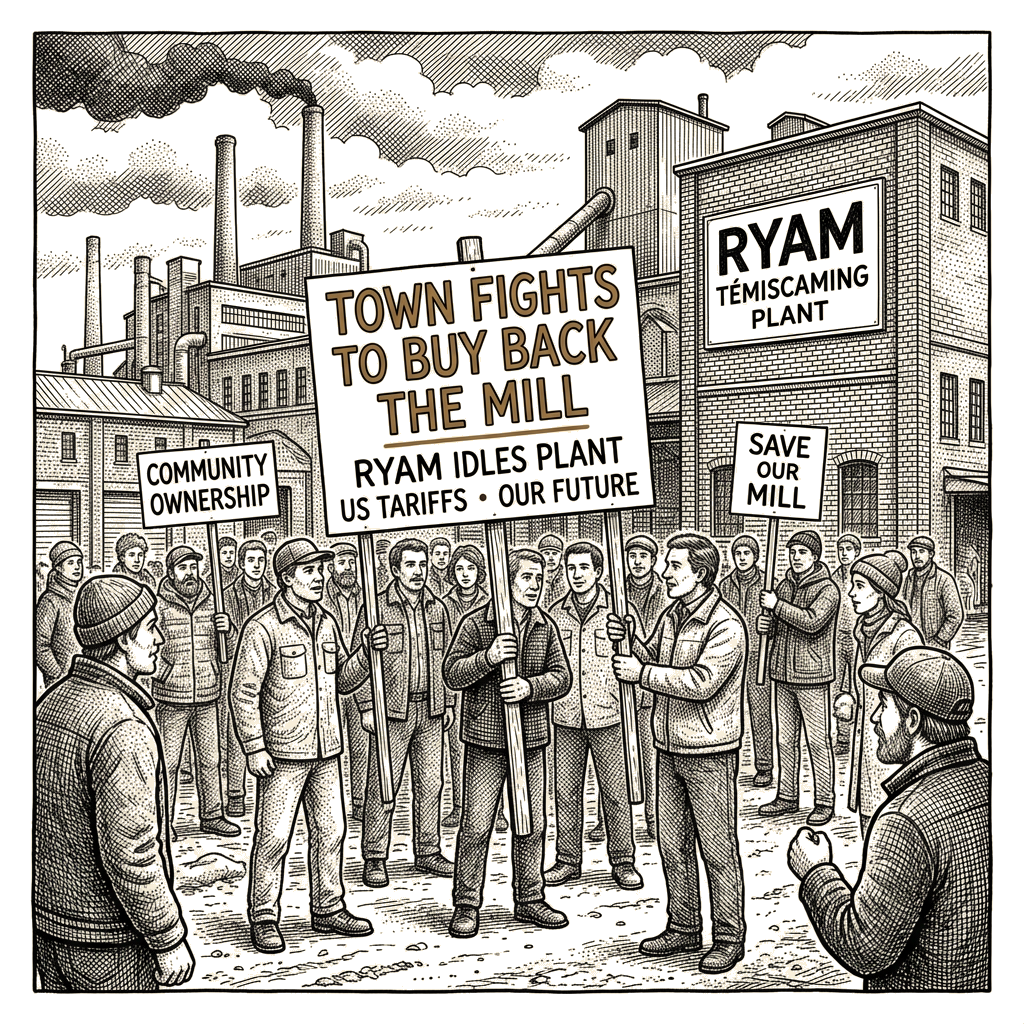 Illustration accompanying article: Quebec paper mill idles under US tariffs as townspeople fight to buy it back