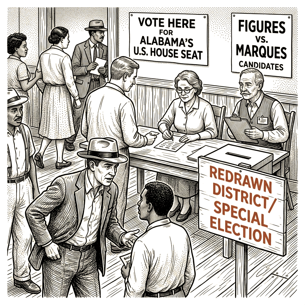 Illustration accompanying article: Shomari Figures fights to hold redrawn Alabama House seat against Rhett Marques