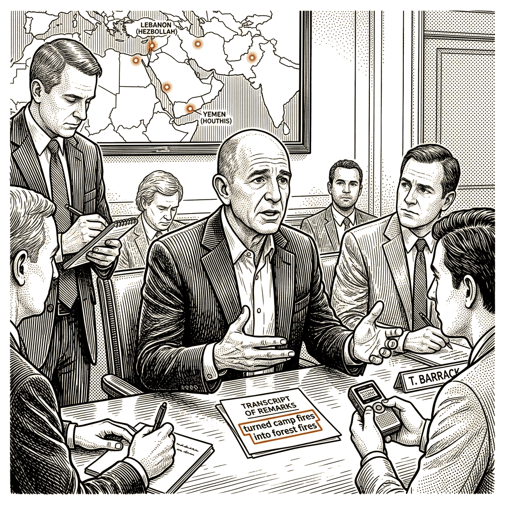 Illustration accompanying article: Trump envoy says Iran war turned 'camp fires into forest fires'