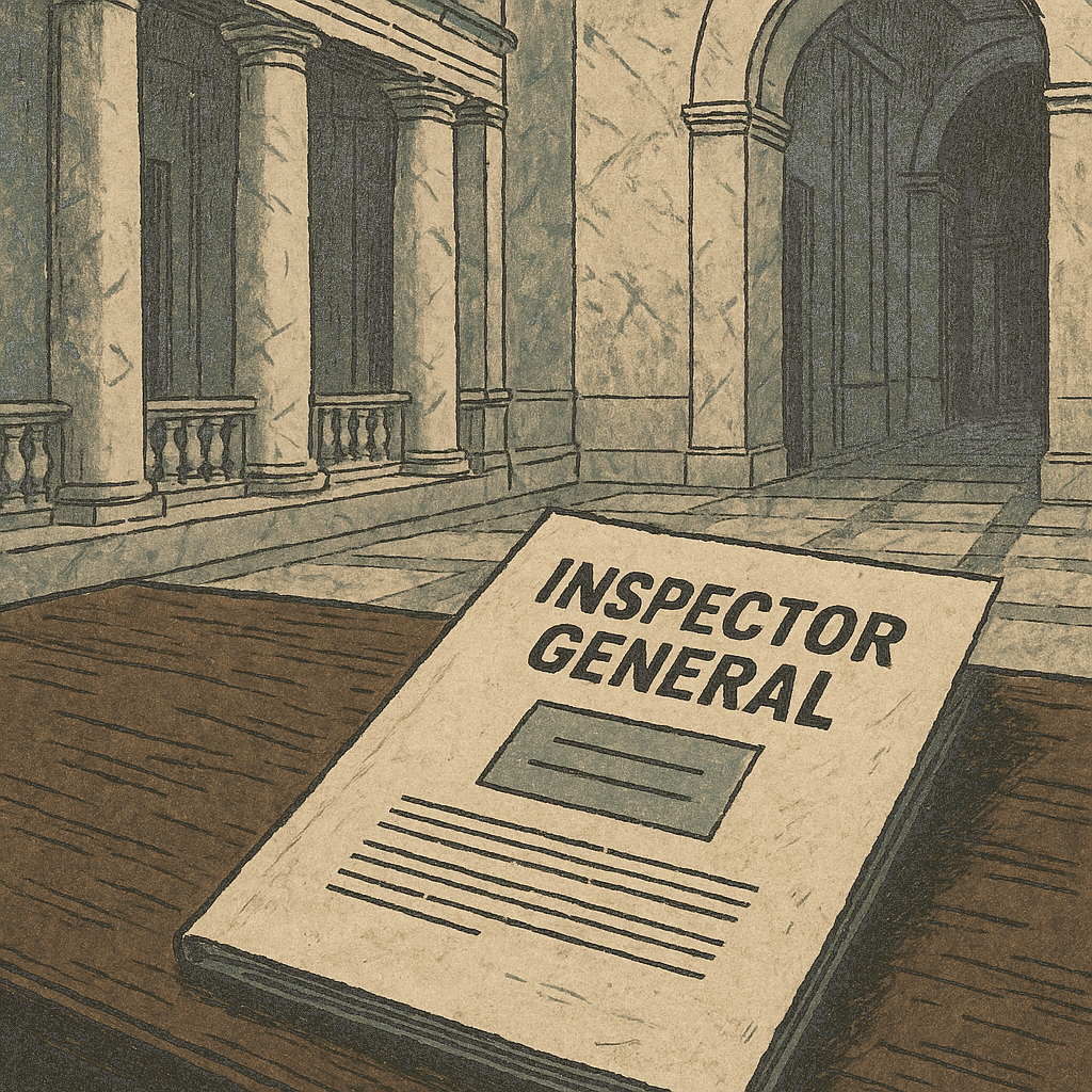 Illustration accompanying article: Inspector general report tests accountability-of-power coverage