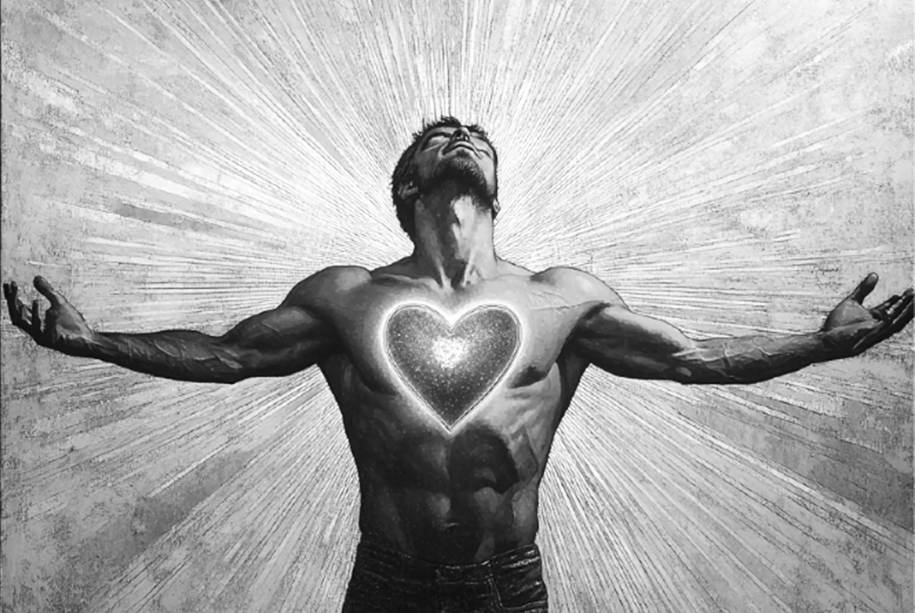 Black-and-white illustration of a muscular man with outstretched arms and a glowing heart against radiating light.
