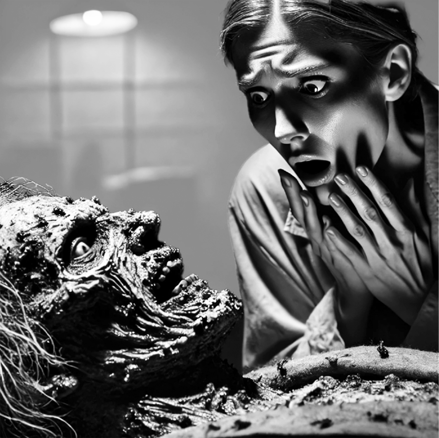 Black-and-white illustration of a shocked woman recoiling from a grotesque prone figure.